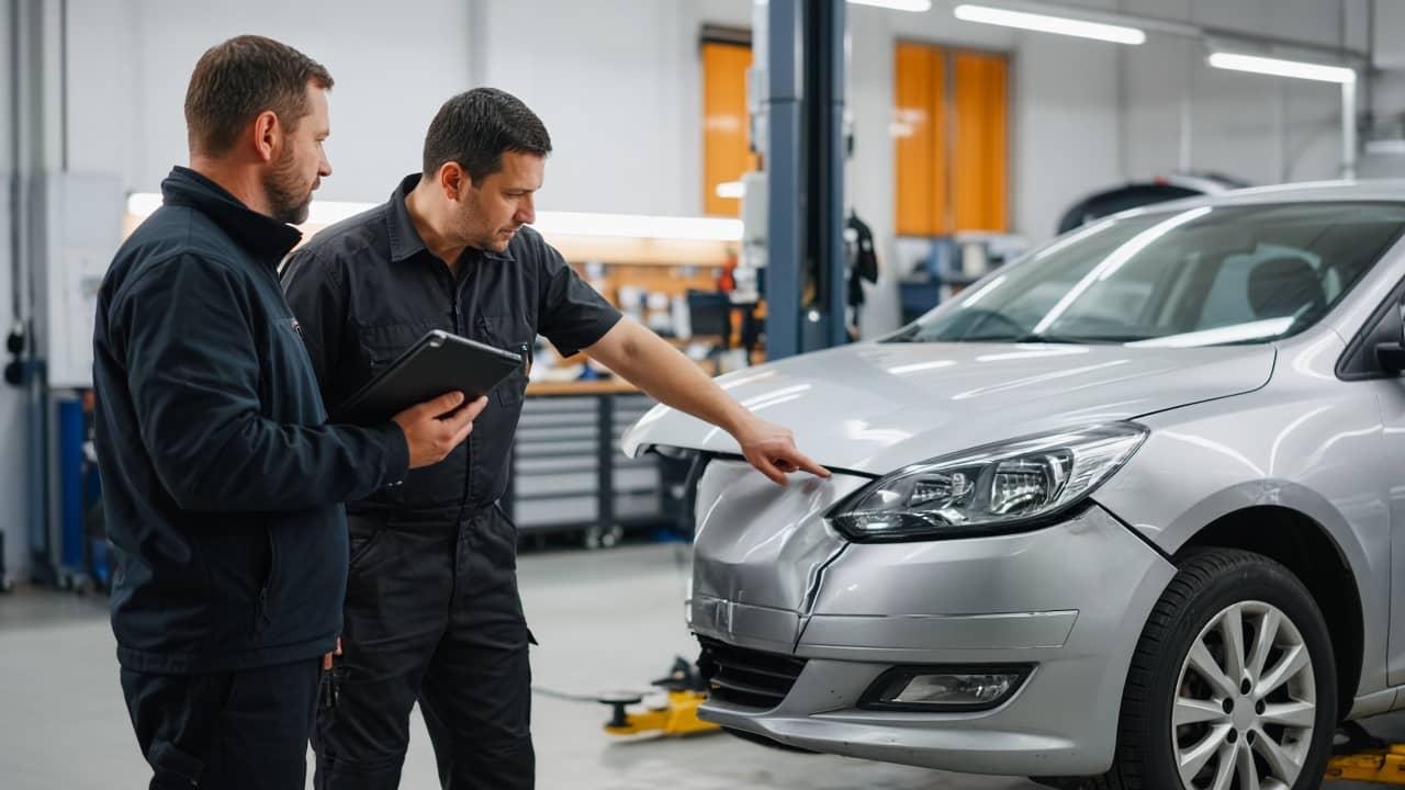 Eksperin servis alanında hasarlı aracı incelemesi