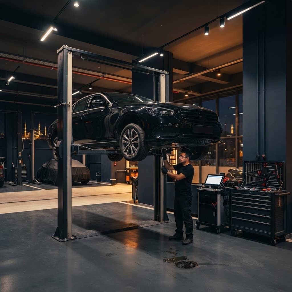 Gece çalışan servis atölyesinde lift üzerindeki araç